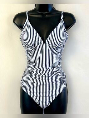 NWT Cupshe One Piece Blue and White Vertical Stripes Womens Swimsuit / Medium